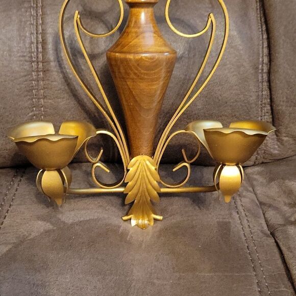 Vtg Hollywood Regency Brass Wood Candlestick Sconce Castlecore Wall Decor - Picture 2 of 5